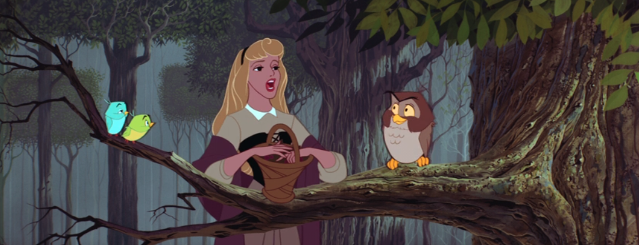 Aurora singing to birds on a branch in the forest during "Sleeping Beauty"