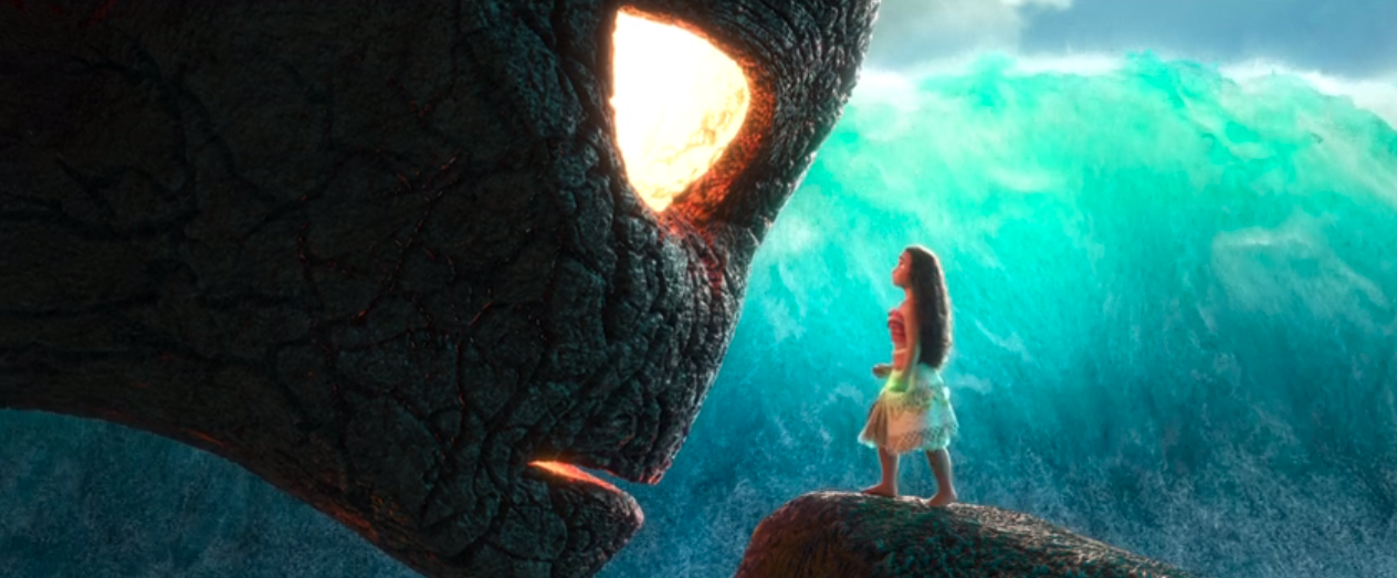 Moana confronting Te Kā with the heart of Te Fiti in "Moana"