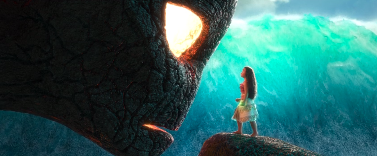 Moana confronting Te Kā with the heart of Te Fiti in &quot;Moana&quot;