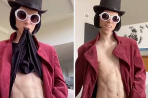 Guy dressed as Willy Wonka lifting his shirt up by biting it, then posing with his six pack out