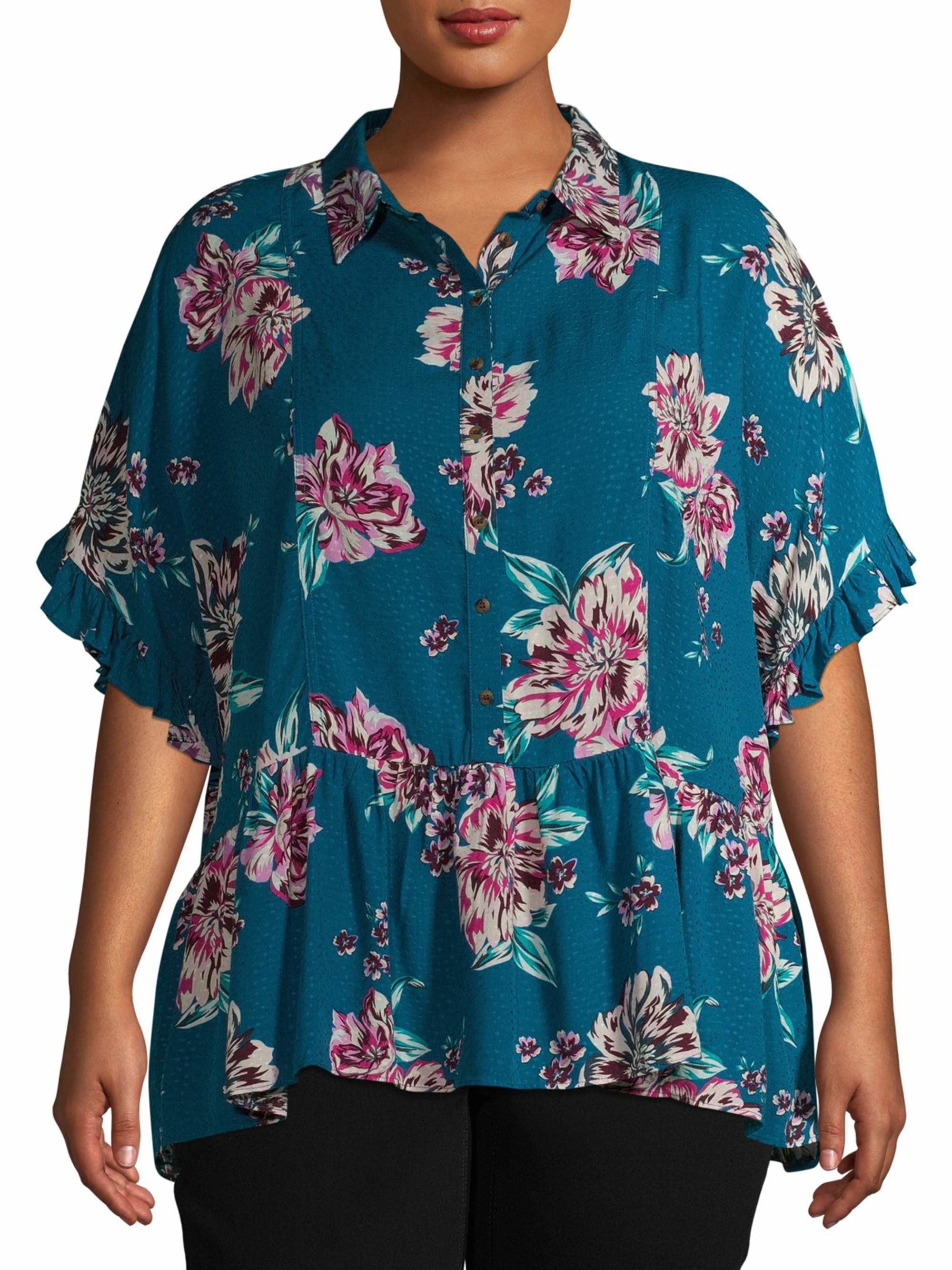 Model wearing the green floral top