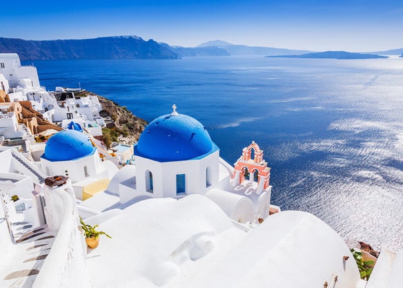 View of scenic white and blue buildings looking over the sea