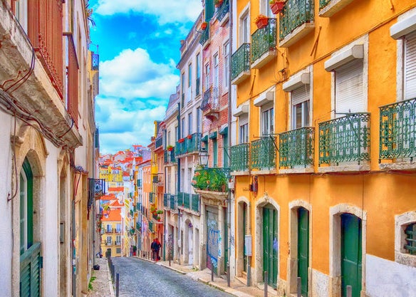 City street view of colourful houses