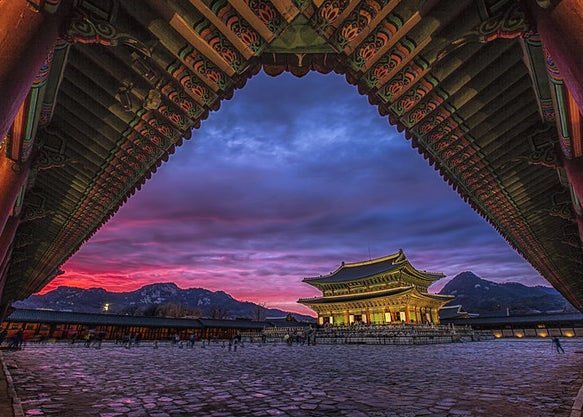 Scenic view of the Gyeongbokgung Palace at dusk