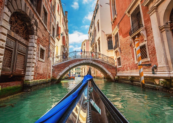 View from a gondola during a ride through the canals