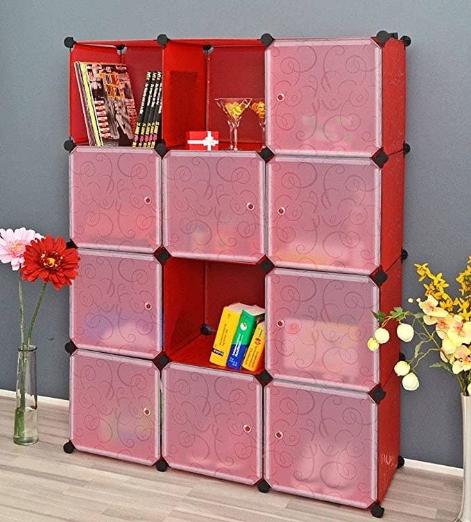 Red storage boxes with clear plastic doors.
