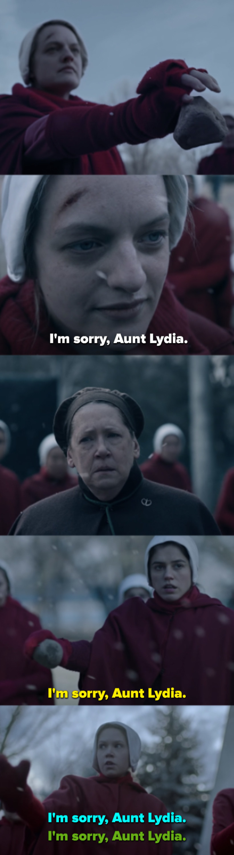 June drops her rock and says she&#x27;s sorry to Aunt Lydia, then the other girls follow suit