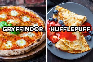 On the left, a margherita pizza labeled "Gryffindor," and on the right, crêpes topped with strawberries and blueberries labeled "Hufflepuff"