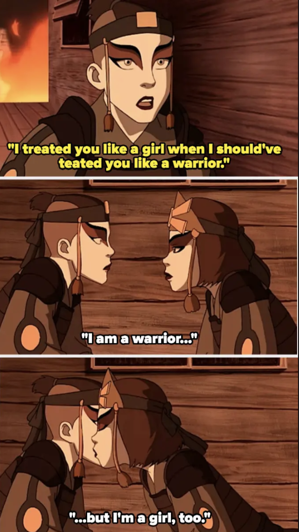 Sokka says he treated Suki like a girl when he should&#x27;ve treated her like a warrior, and Suki says she&#x27;s both and kisses him on the cheek