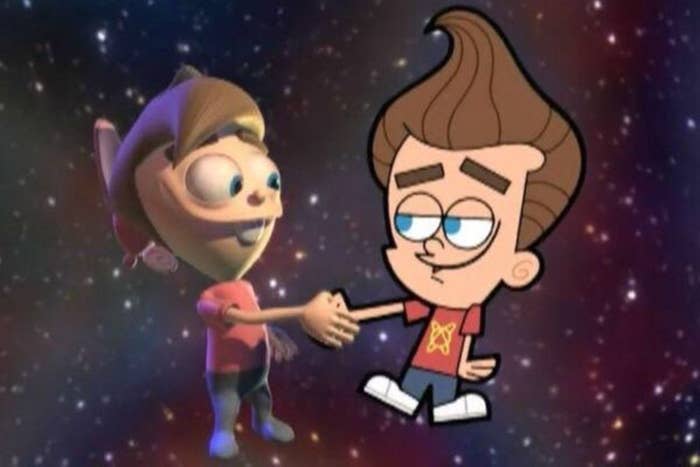 A CGI 3D-animated Timmy Turner shakes hands with a 2D traditionally-animated Jimmy Neutron