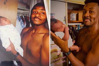 An old photo of a man holding his baby, next to a new photo of his grown-up look-alike son holding his own baby