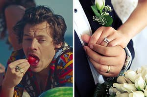 On the left, Harry Styles eating a strawberry in the "Watermelon Sugar" music video, and on the right, a closeup of a bride and groom's wedding rings