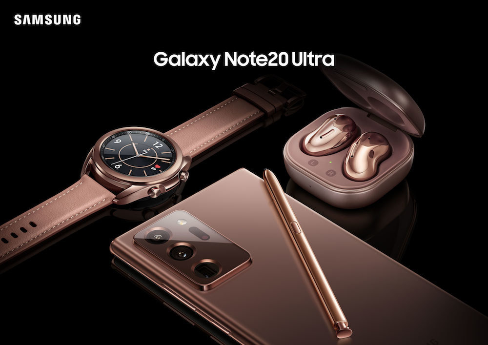 The Samsung Galaxy Watch3, the Samsung Galaxy Note20 5G, and the Samsung Galaxy Buds Live in Mystic Bronze