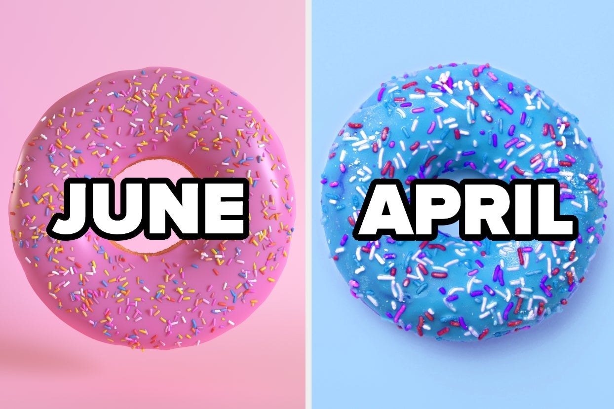 Pink donut with the word &quot;June&quot; and blue donut with the word &quot;April.&quot;