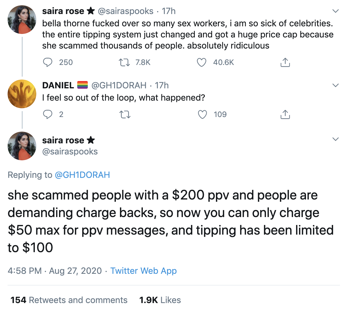 A tweet explanation of how Bella Thorne fucked people over with her OnlyFans scam. 