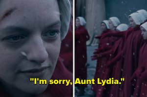 June and the other handmaids say "I'm sorry, Aunt Lydia" and drop their rocks