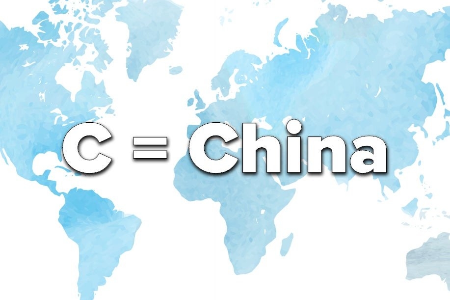 Blue map with the words &quot;C = China.&quot;