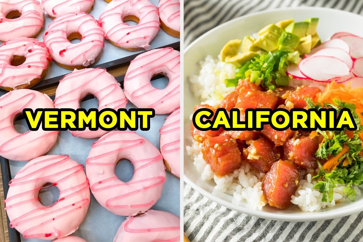Pink frosted donuts with the word &quot;Vermont&quot; and salmon poke bowl with the word &quot;California&quot;