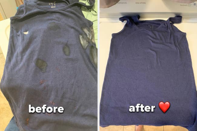 A before image of a reviewer's stained shirt and an after image of it without stains 