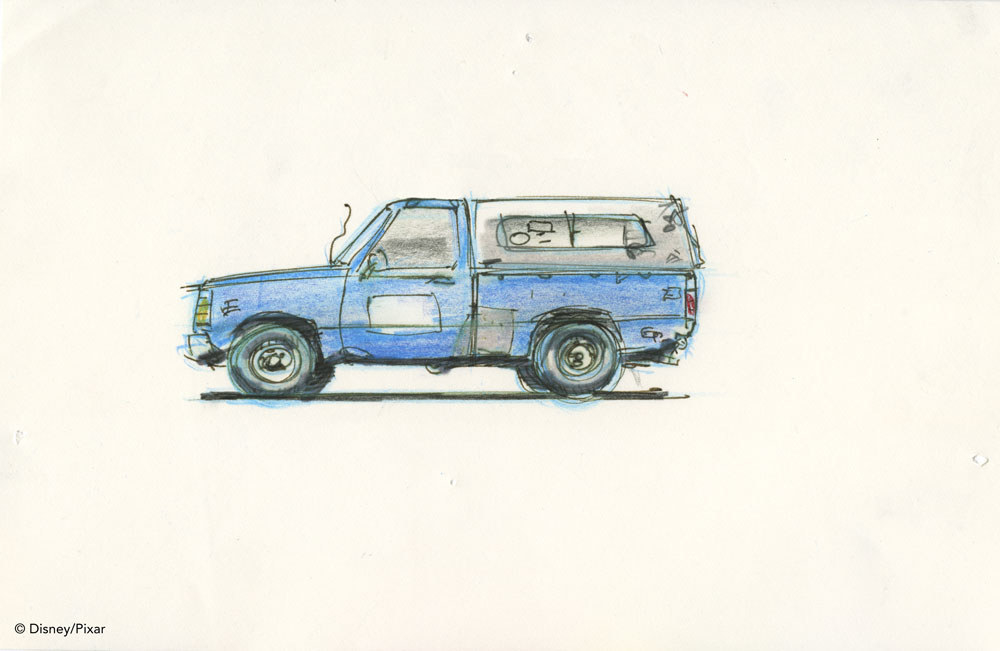 A sketch of the Pizza Planet truck in blue