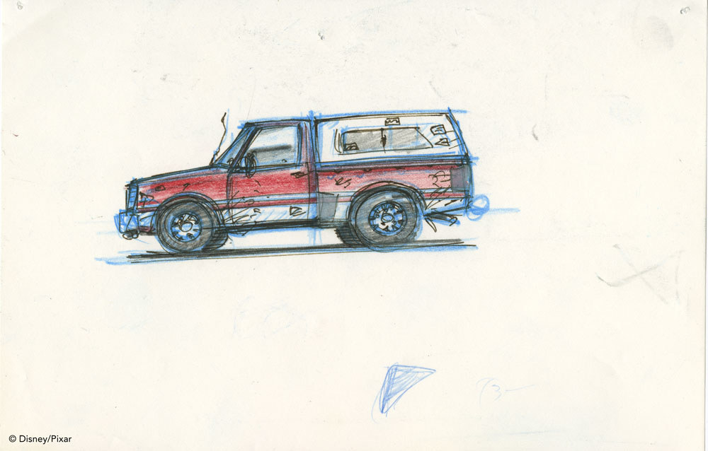 A sketch of the Pizza Planet truck with a red and white stripe design