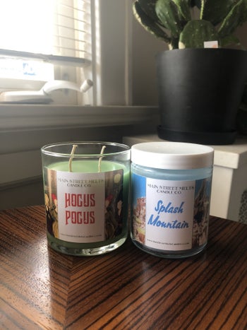 a hocus pocus candle and a splash mountain candle