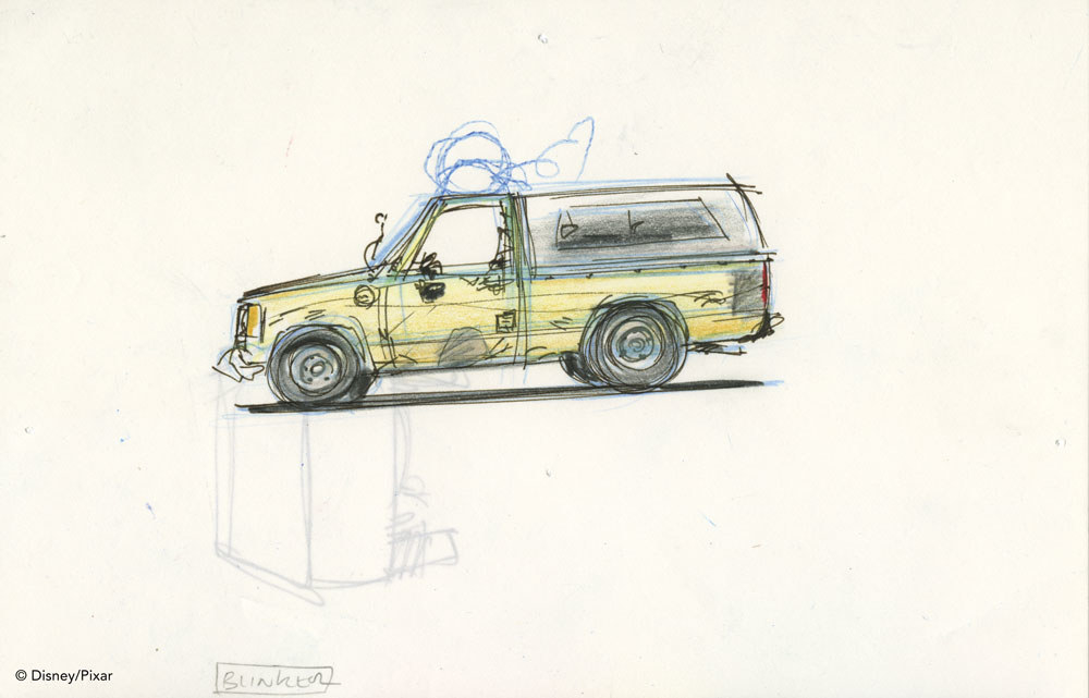 A sketch of the Pizza Planet truck in yellow 