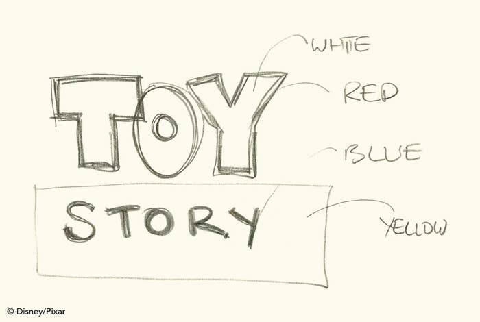 A sketch of the toy story logo noting different colors than what was actually used