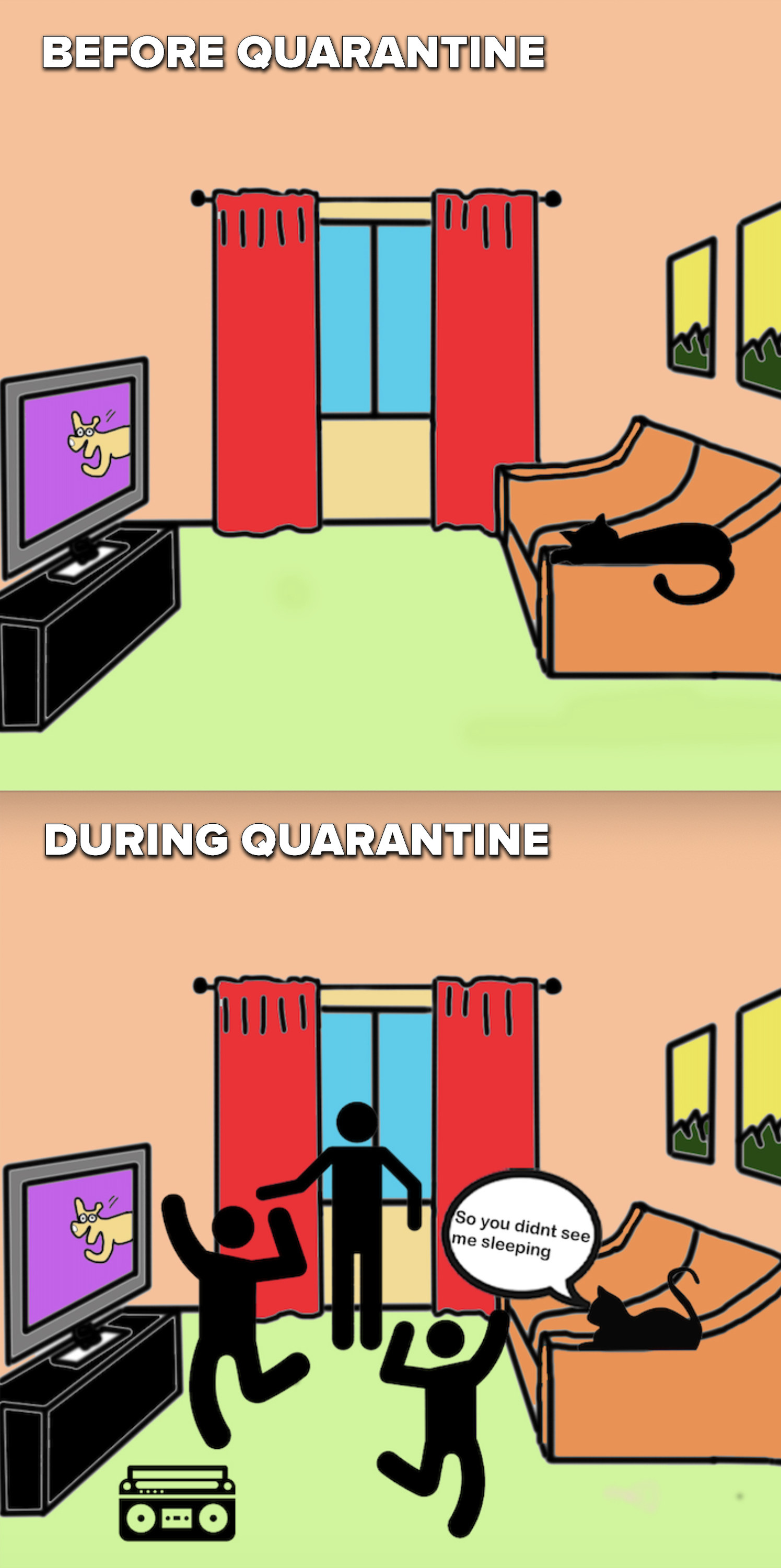 Scene 1: A cat sleeps in an empty room on the couch. Scene 2: Three people dance around a stereo while the cat on the couch thinks &quot;So you didn&#x27;t see me sleeping?&quot;