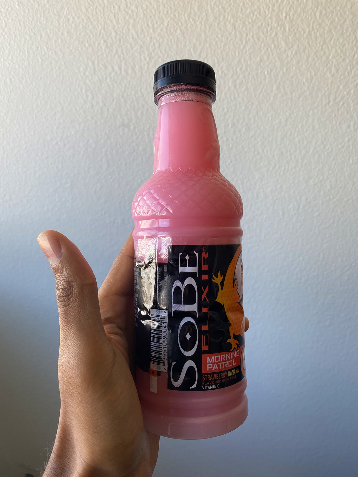 A bright pink bottle of Strawberry Banana SoBe