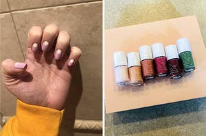 to the left: a buzzfeed editor's manicure with daisy stickers, to the right: the olive and june fall collection