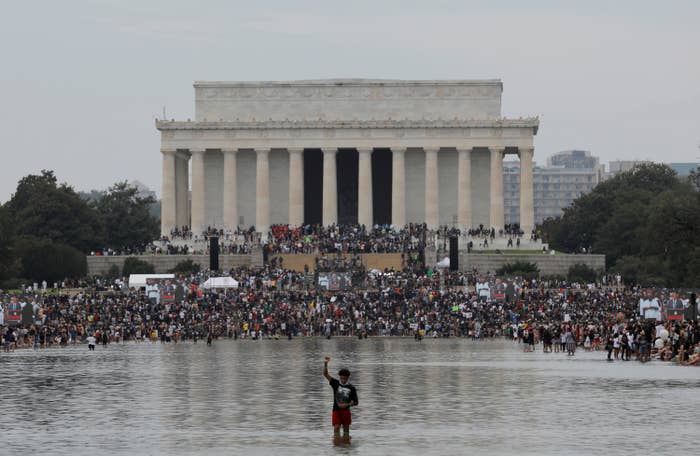 A young boy stands in the Reflecting Pool with his fist raised facing a big crowd leading up to the Lincoln Memorial