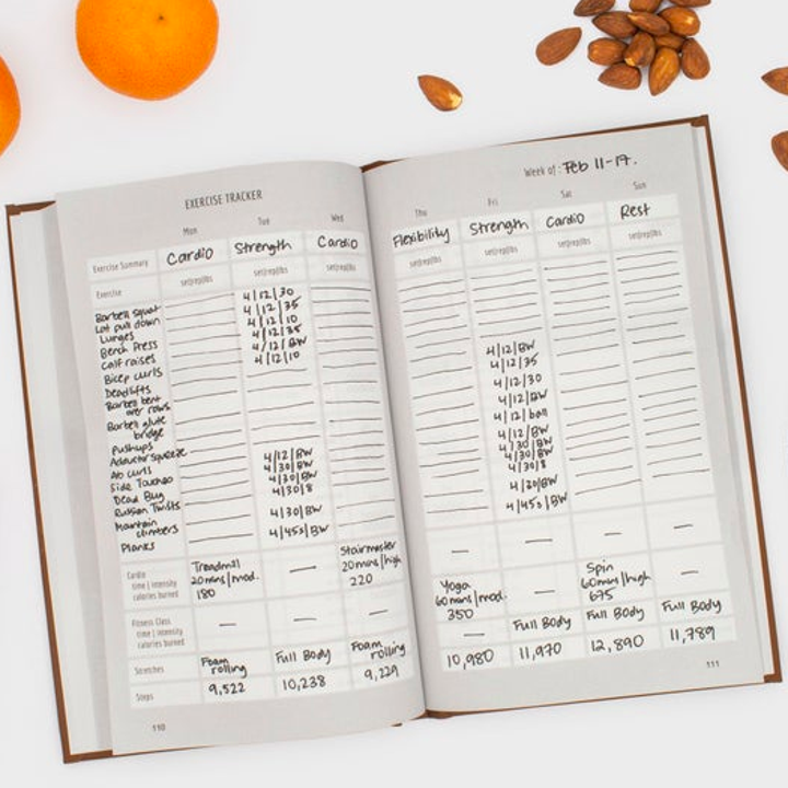 An open fitness planner to show off the various lists and grids you can fill out