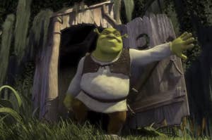 Shrek coming out of his outhouse at the beginning of the movie