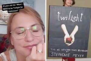 Screenshot of a girl with text saying she went as Twilight for Halloween, and a photo of her going as the literal twilight book for halloween
