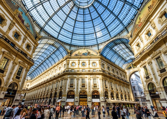 The Galleria Vittorio Emanuele from a low view, with luxe shops and huge domed ceilings 