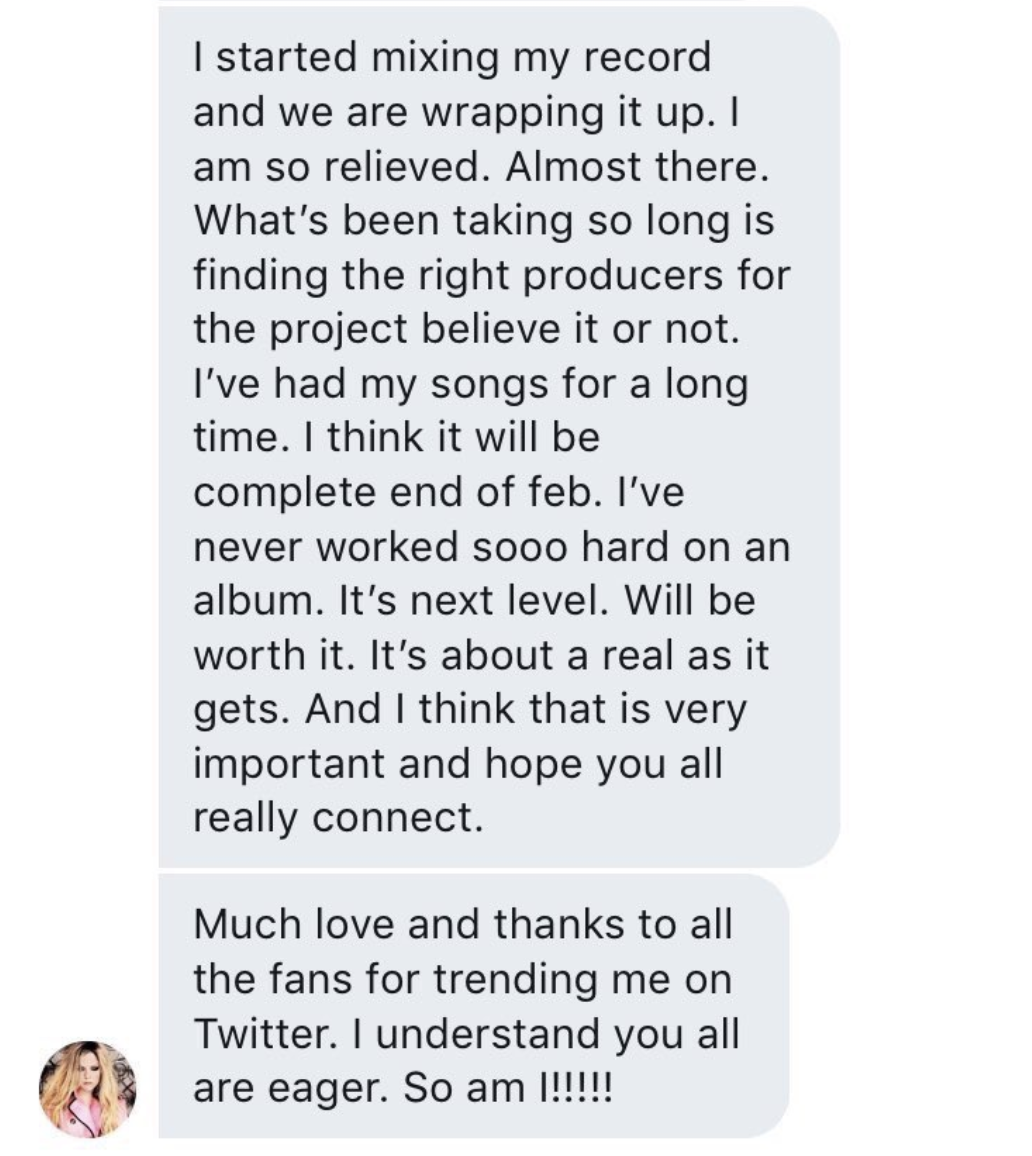 Avril telling a fan about mixing her new record and &quot;wrapping it up&quot;