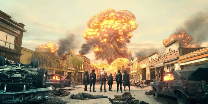 Vanya, Diego, Luther, Ben, Klaus and Alison watching a nuclear explosion happen in the distance