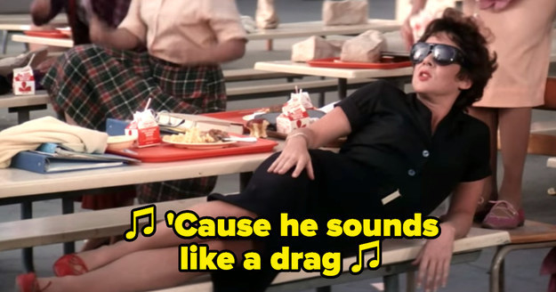 Rizzo lying down on the bench during &quot;Summer Nights&quot; wearing sunglasses, singing with attitude: &quot;&#x27;Cause he sounds like a drag&quot;