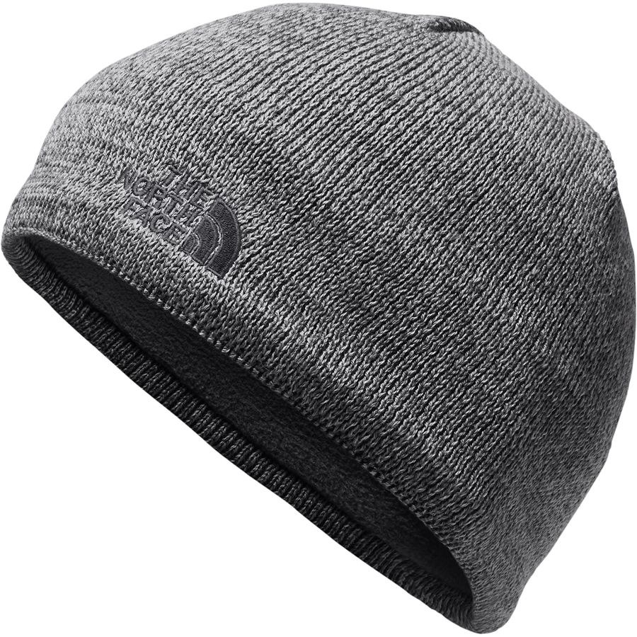 A gray beanie with a North Face logo 