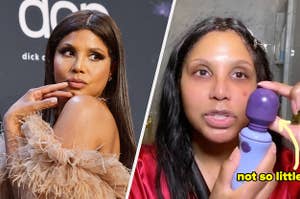 Side by side of Toni Braxton posing at an event and holding a vibrator