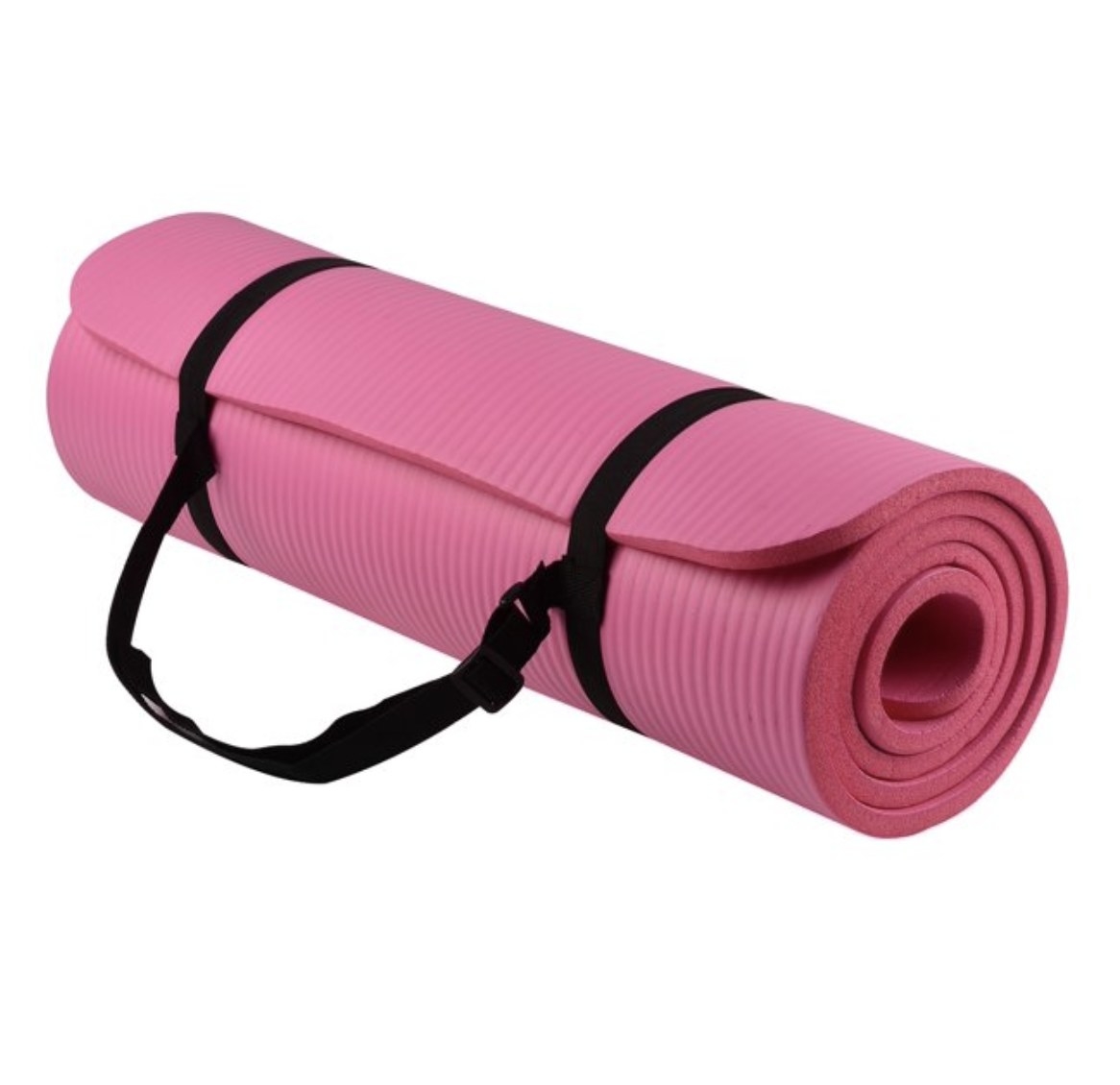 The pink yoga mat with carrying strap