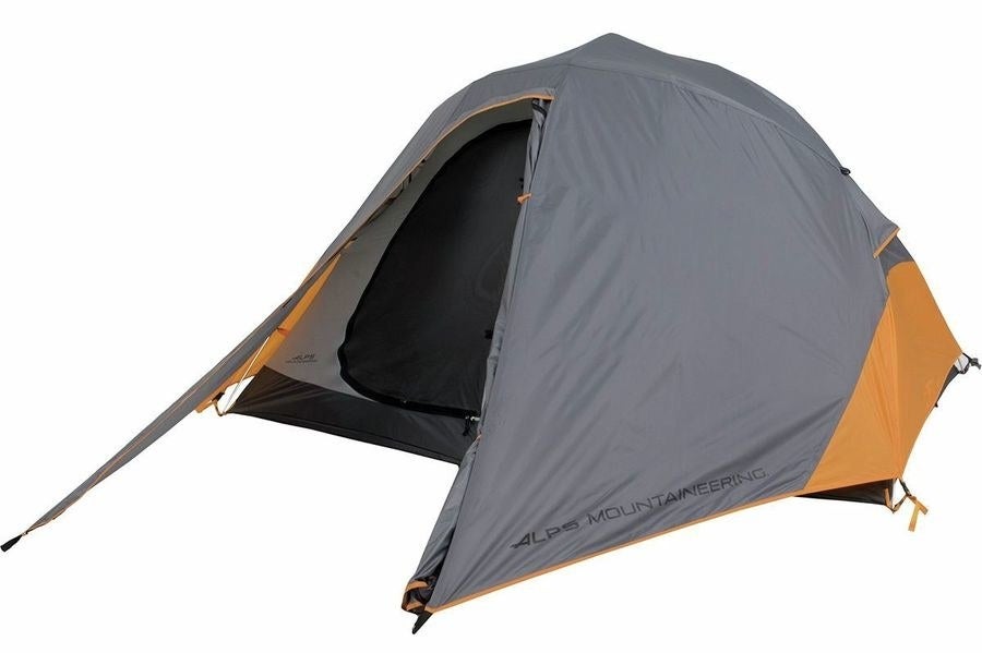 A gray tent with orange accents 