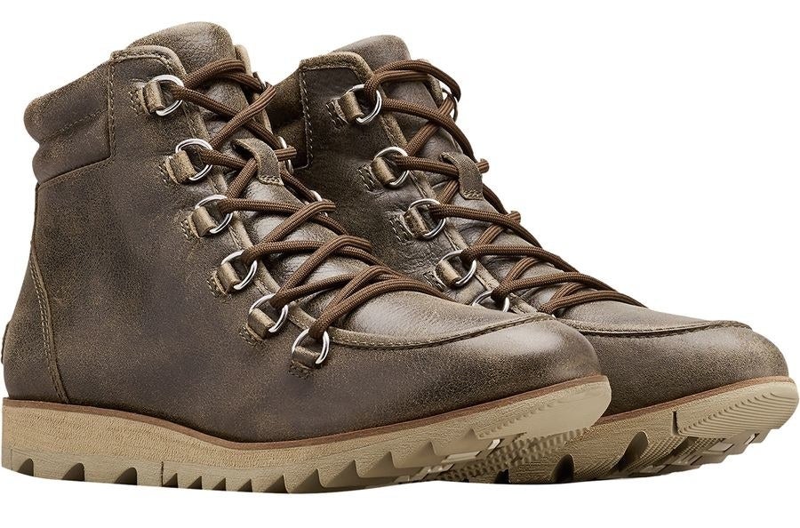 A pair of brown leather ankle hiking boots 
