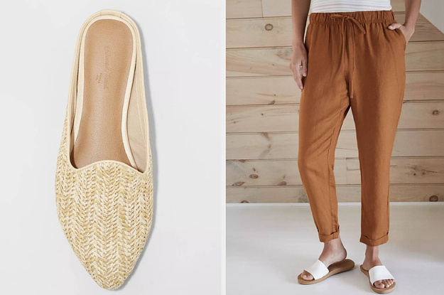 On the left, straw mule flats On the right, brown pants