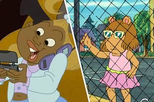 On the left, Dijonay from "The Proud Family" holds a flip phone up to one ear with her shoulder and texts on another cellphone, and on the right, D.W. from "Arthur" wears sunglasses and a bathing suit and holds on to a wire fence