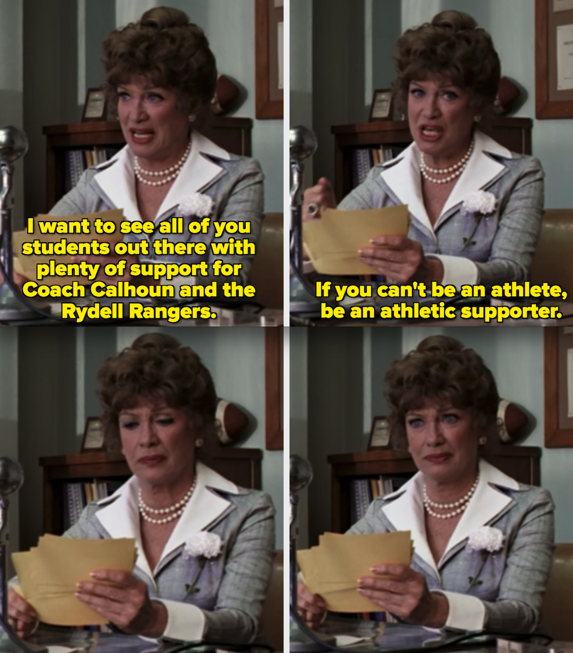 Principal McGee giving the morning announcements, accidentally twisting her words around when saying: &quot;If you can&#x27;t be an athlete, be an athletic supporter.&quot; Her face is content, then turns into shock