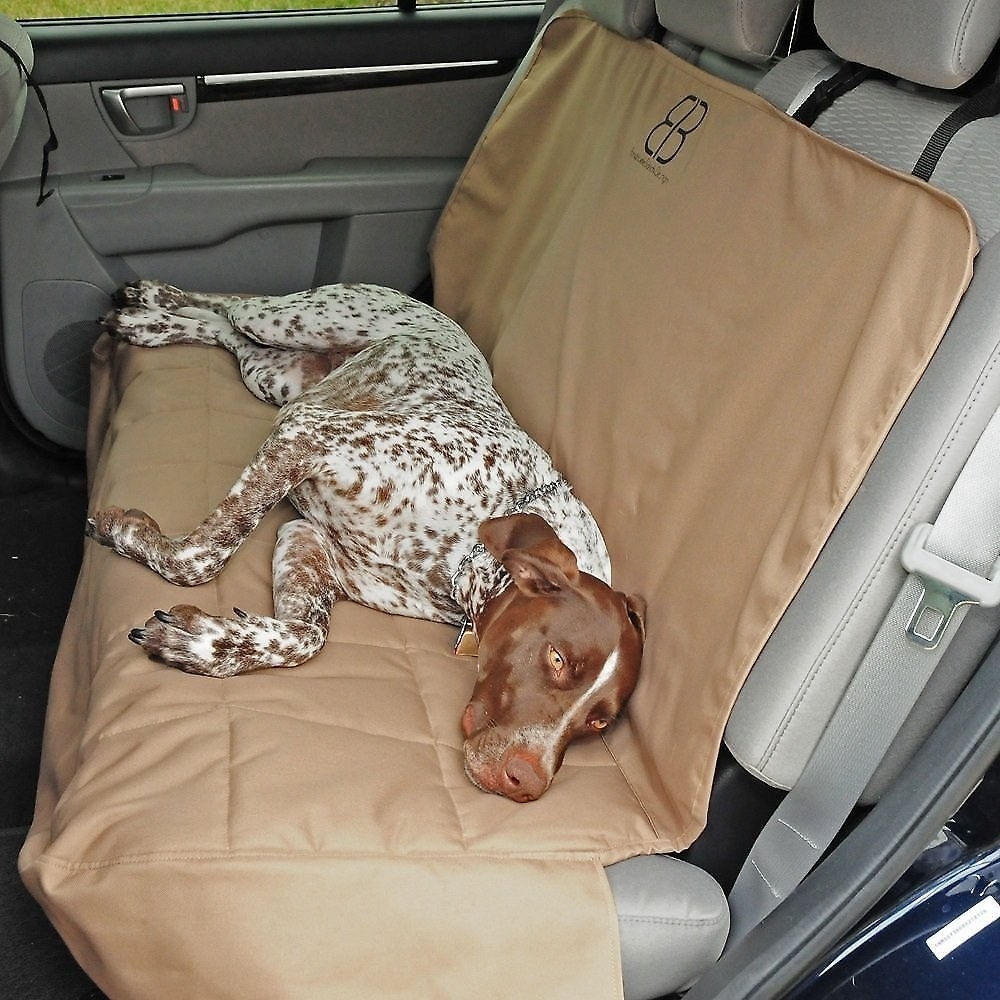 A large dog laying on top of the car seat protector, which fully covers the backseat of a car