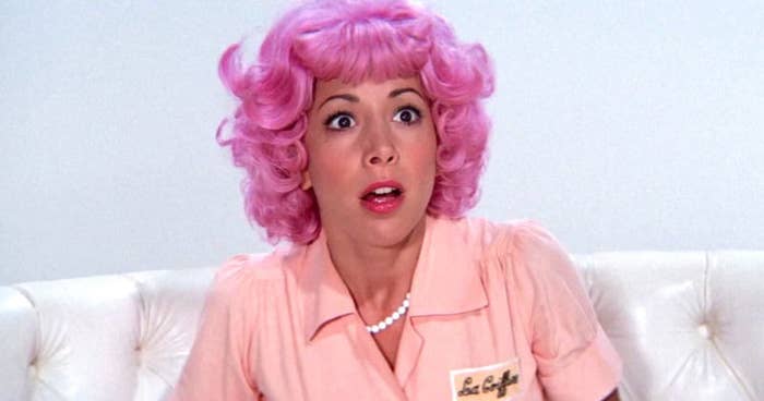 Frenchy with bright pink hair, staring at Frankie Avalon while he sings &quot;Beauty School Dropout&quot;