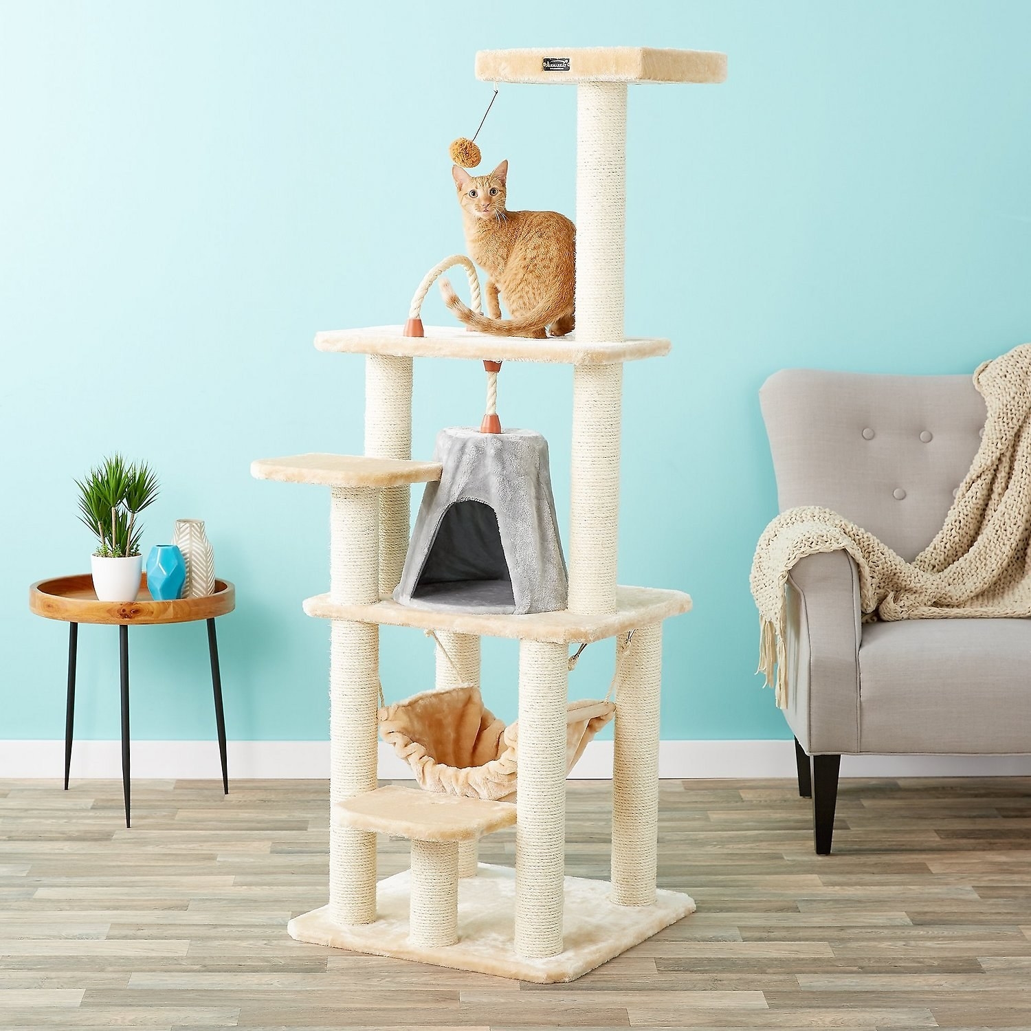 A cat tower with five tiers, a hammock, a tent, and a ball